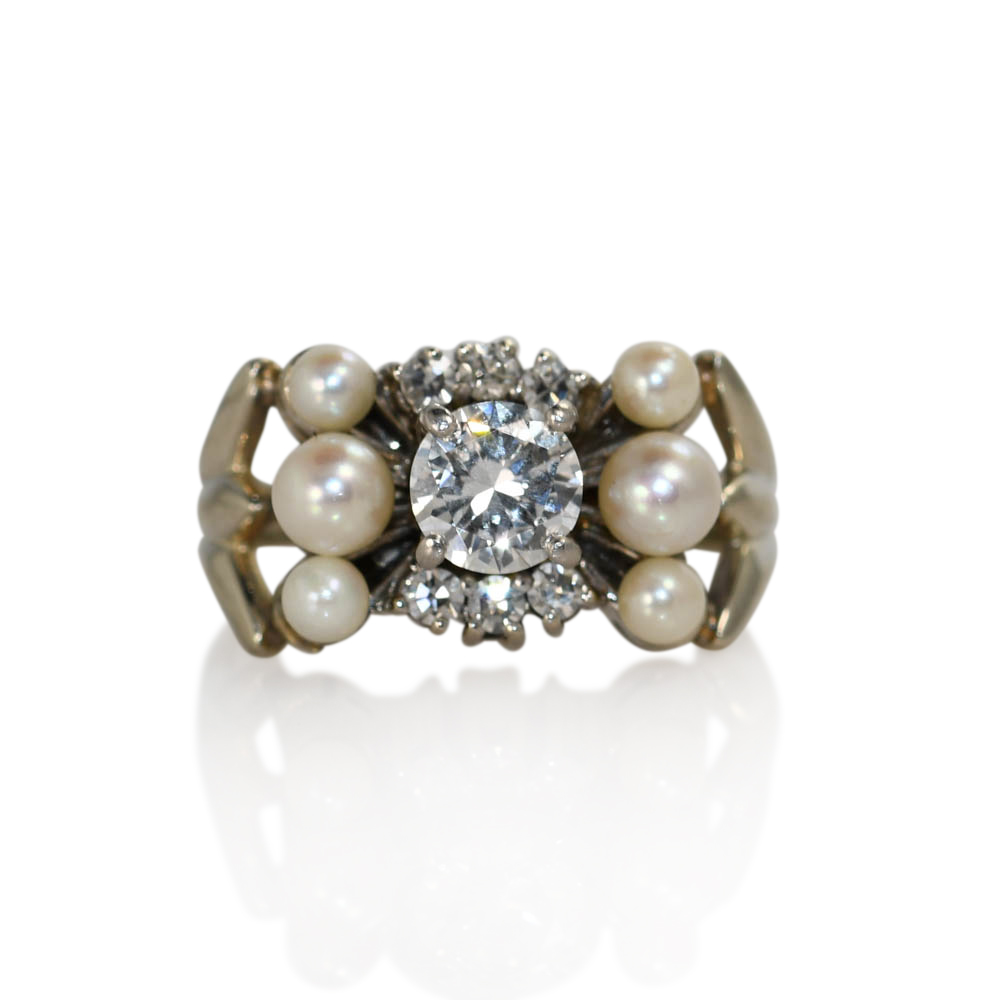 14K White Gold Vintage Diamond & Pearl Ring, .67ct
