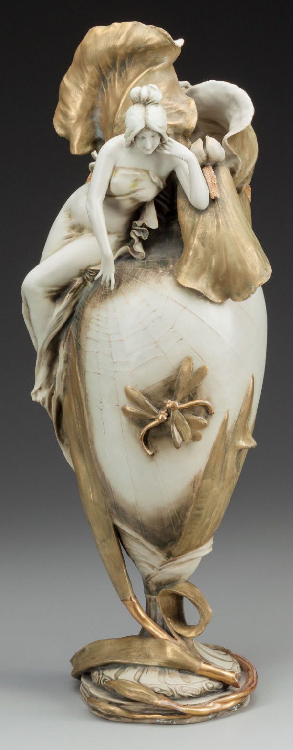 Art Nouveau Amphora Vase Bohemian Style Gold Gilt Painted Figural