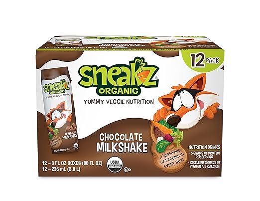 Sneakz Organic Veggie Nutrition Milkshake, Chocolate, 8 ounce, 12-Pack, Non-GMO, USDA Organic, Gluten Free, Kosher
