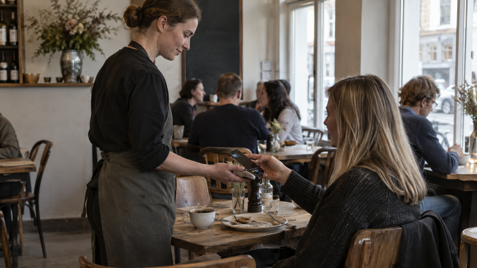 Servering på café hvor kassesystem og gæste-Wi-Fi kører på hver sit net