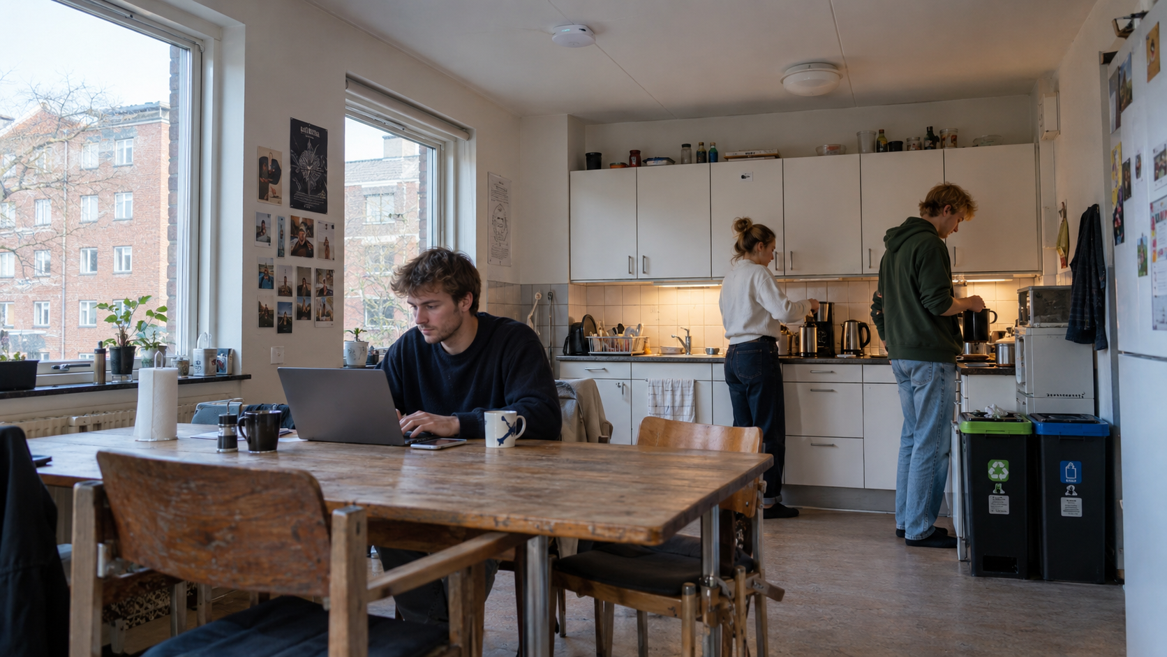 Fælleskoekken på kollegium hvor beboerne arbejder på nettet