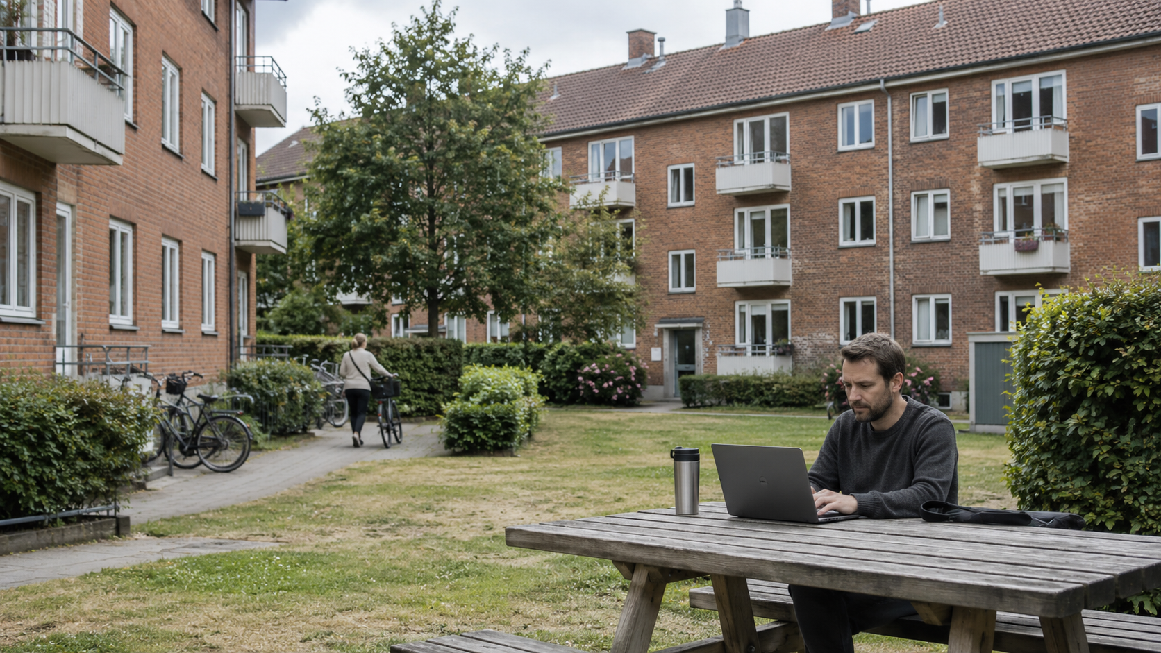 Beboer arbejder udendørs i boligforeningens gård på foreningsnettet