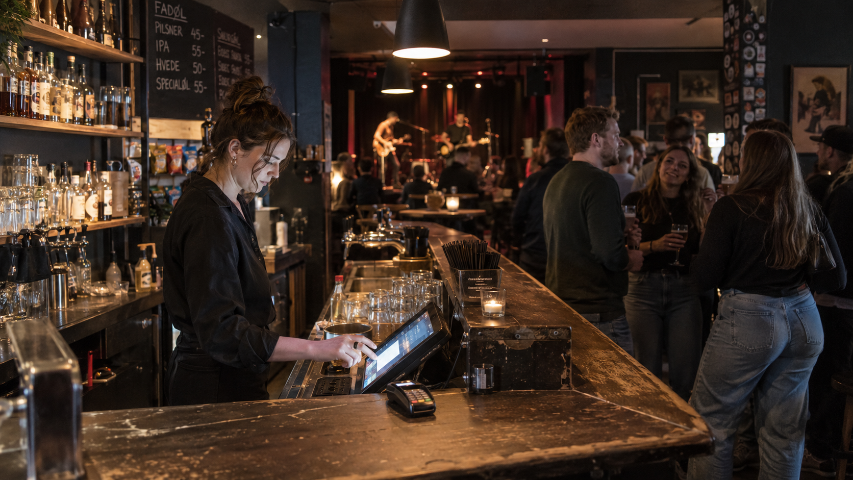 Bar med kassesystem og betalingsterminal på stabilt netværk