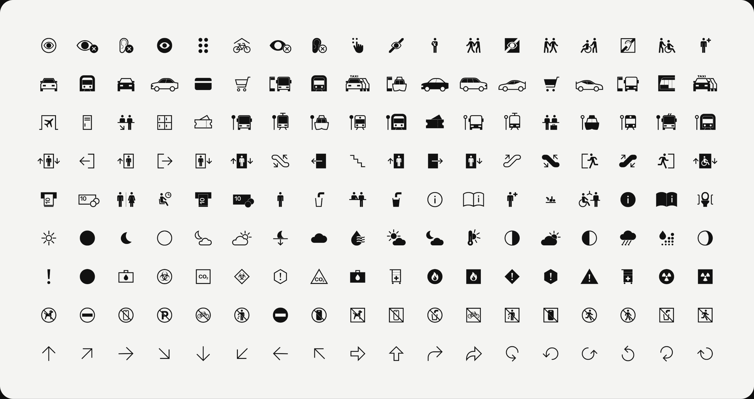 Pictogram set — accessibility, transit, wayfinding, amenity, weather, hazard, prohibition and directional rows