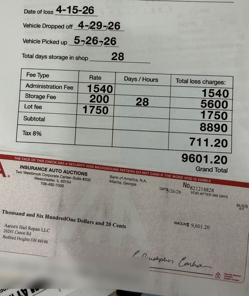 Total loss invoice and check for $9,601.20, 2022 Chevy Equinox