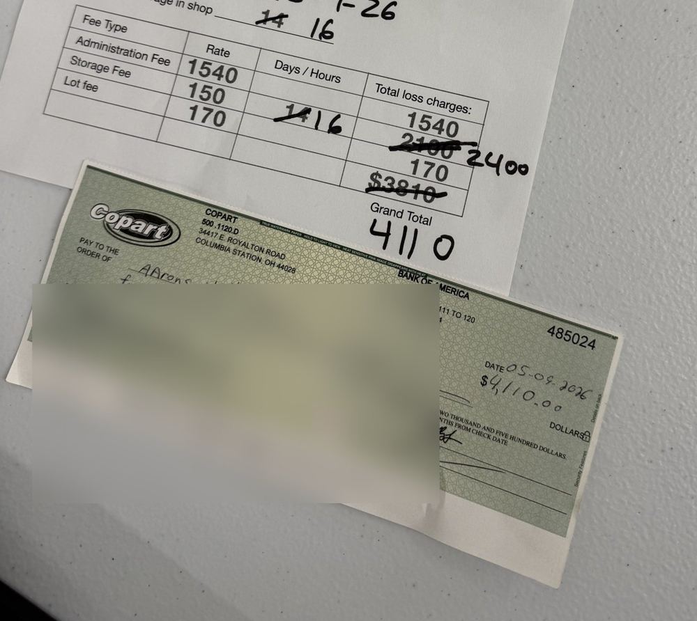 Total loss invoice and check for $4,110.00, 2022 Toyota RAV4