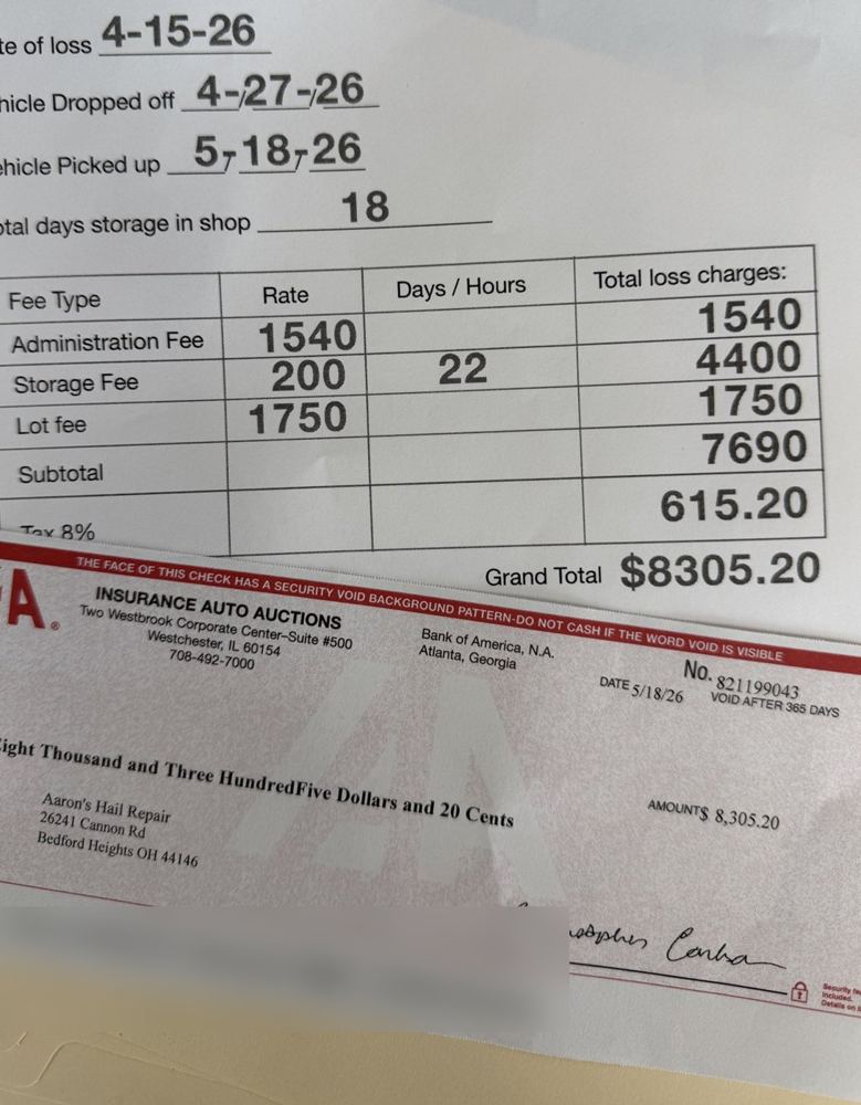 Total loss invoice and check for $8,305.20, 2021 Jeep Compass