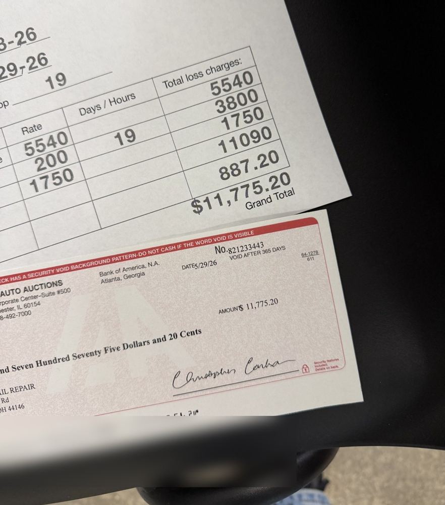Total loss invoice and check for $11,775.20, VW Atlas