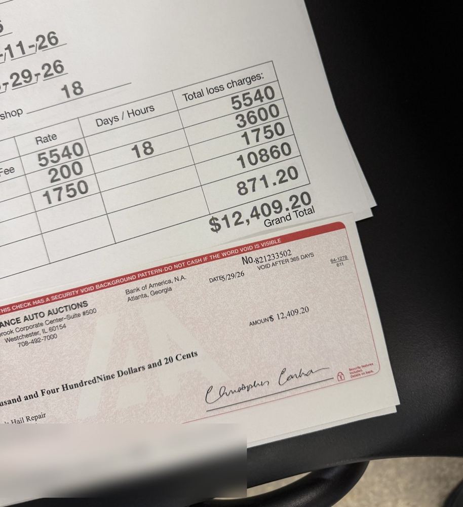 Total loss invoice and check for $12,409.20, 2025 Jeep Cherokee
