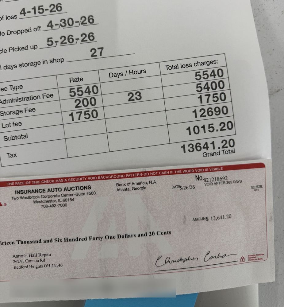 Total loss invoice and check for $13,641.20, 2024 Hyundai Genesis