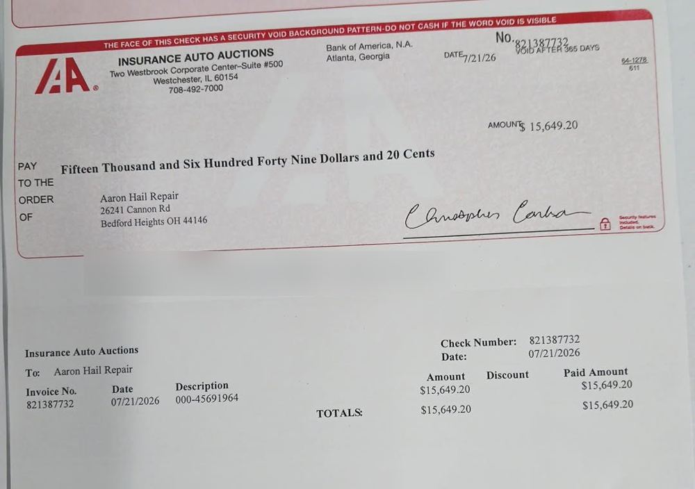Total loss check for $15,649.20