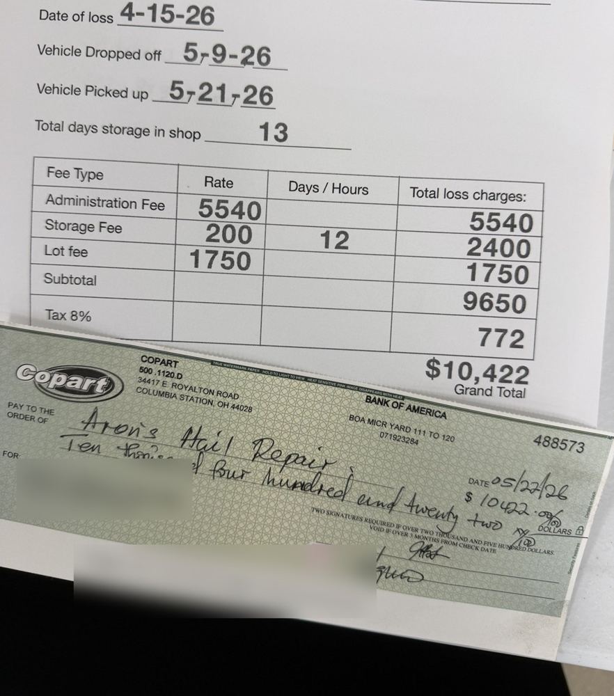 Total loss invoice and check for $10,422.00, 2020 Buick Encore