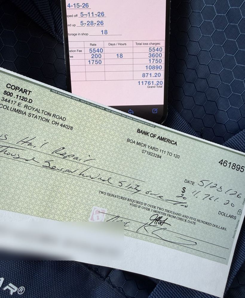 Total loss invoice and check for $11,761.20, 2020 Ford F-150