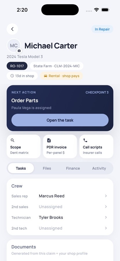 Dent Shop Manager phone app: a claim with its next task, scope, invoice and call scripts