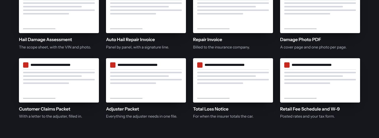 Paperwork Dent Shop Manager produces: claims packet, adjuster packet, total loss notice, fee schedule and W-9