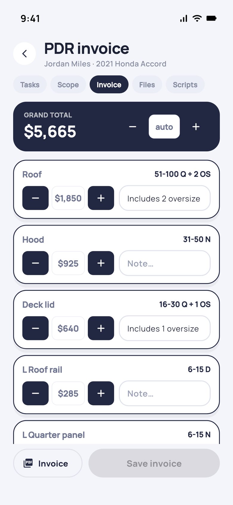 The PDR invoice screen in the Dent Shop Manager iPhone app