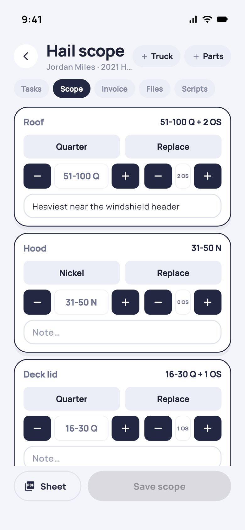 The hail scope screen in the Dent Shop Manager iPhone app