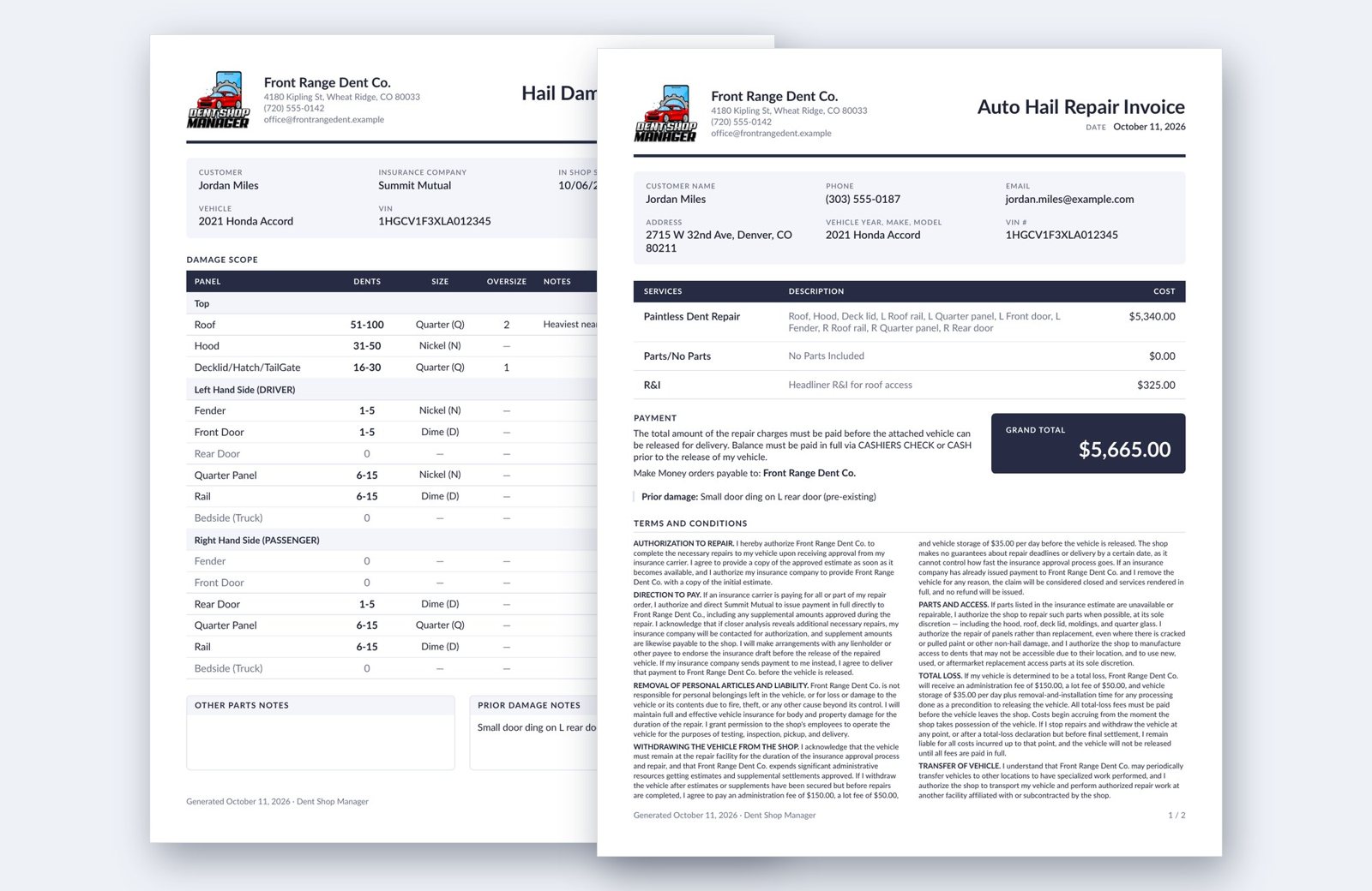 Hail Damage Assessment scope sheet and Auto Hail Repair Invoice PDFs made by Dent Shop Manager for a demo 2021 Honda Accord