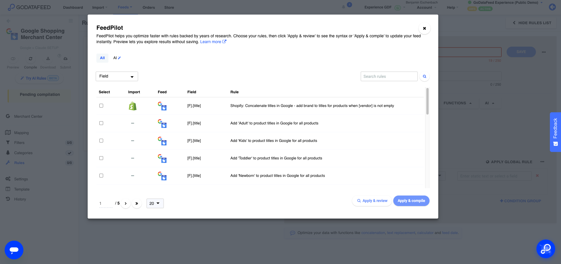 FeedPilot suggesting prebuilt feed rules in GoDataFeed