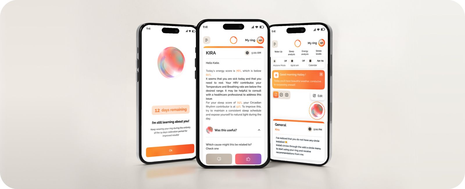 Kira, the Circular AI health coach, on three phone screens