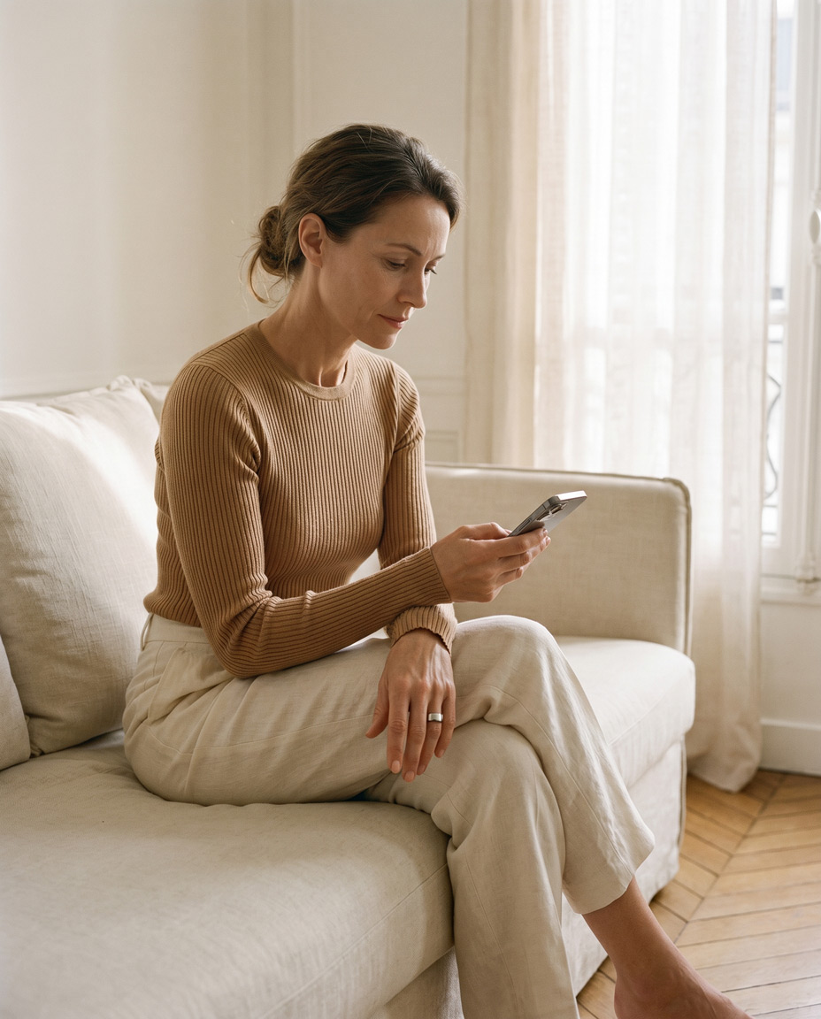 Woman checking the Circular app while wearing the ring