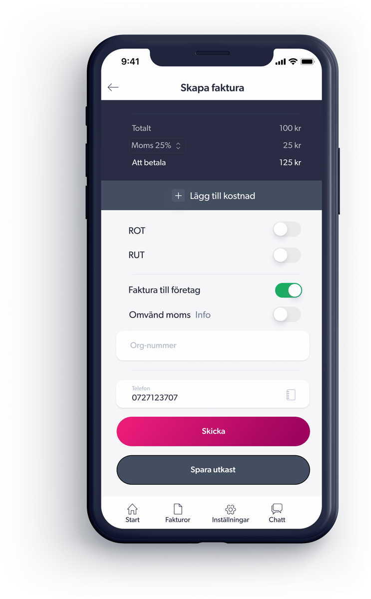 Dicopay-appen där en faktura skapas i mobilen