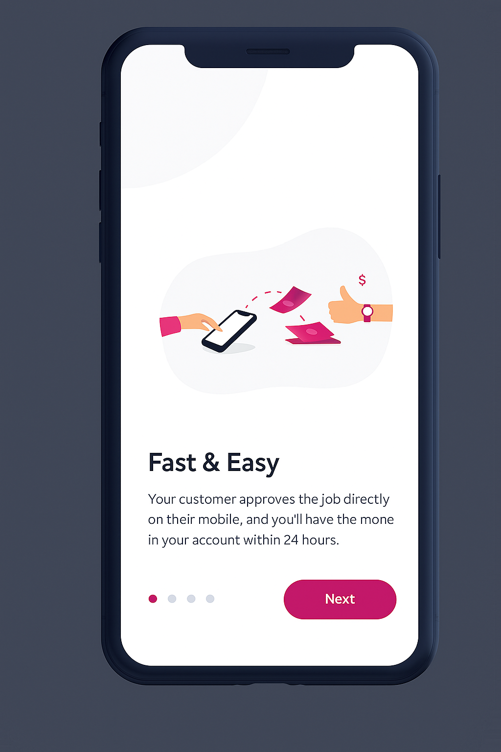 The Dicopay app onboarding screen explaining that a customer approves the job on their phone