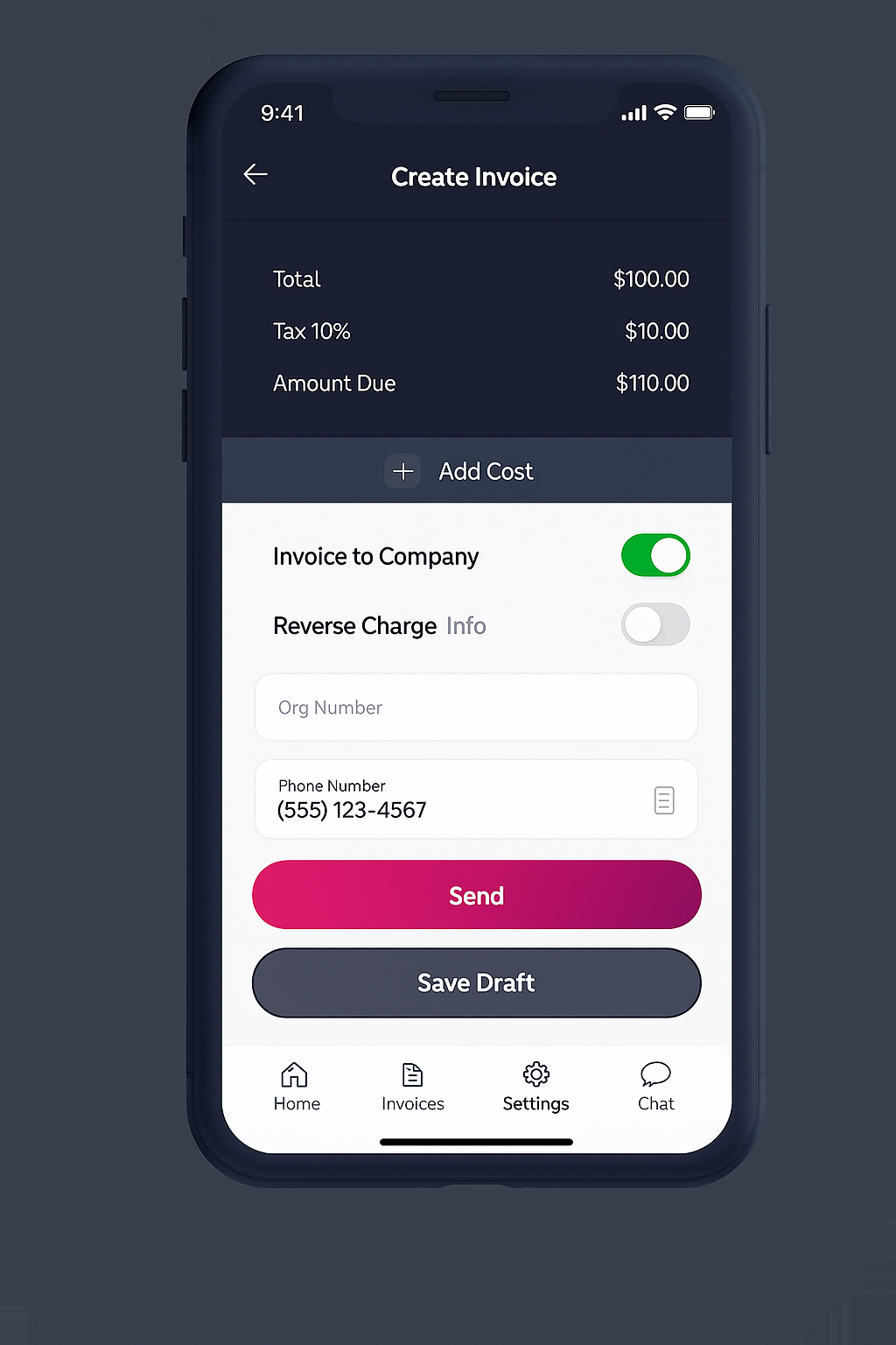 The Dicopay app showing an invoice being created, with a total, tax, and amount due