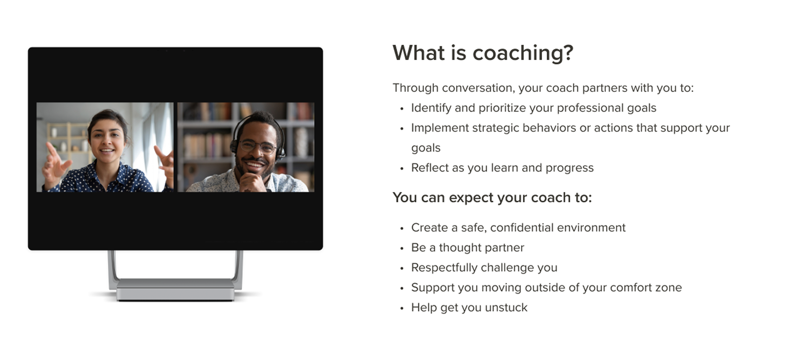 Welcome page section explaining what coaching is