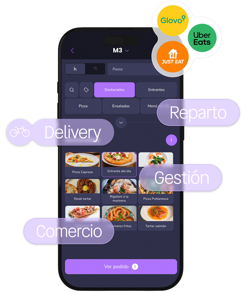 Pantalla del TPV de last.app conectada con Delivery, Reparto, Gestión y Comercio, junto a los logos de Glovo, Uber Eats y Just Eat