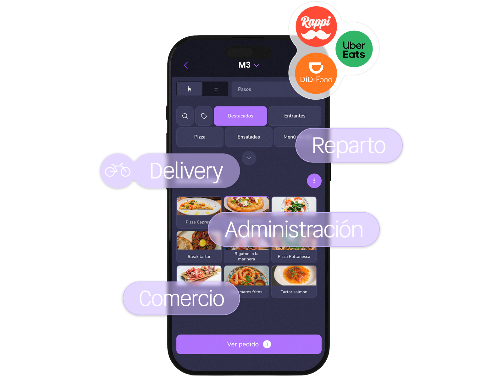 Pantalla del POS de last.app conectada con delivery, reparto, administración y comercio, junto a los logos de Rappi, Uber Eats y DiDi Food