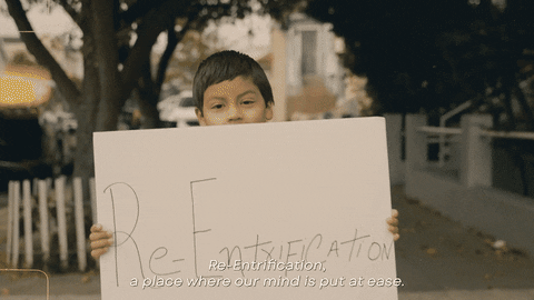 A young participant holds a Re-Entrification sign.
