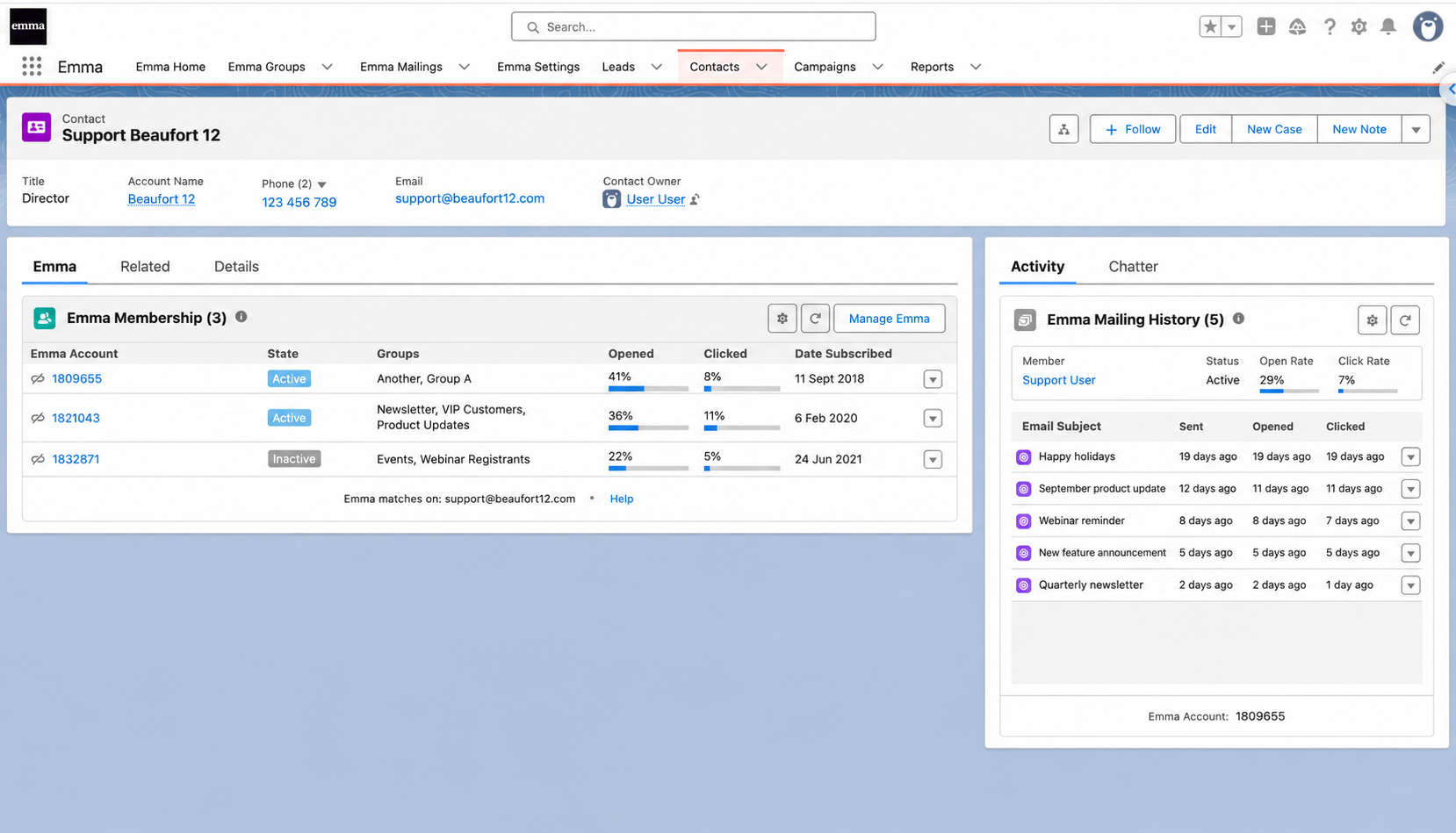Emma membership, groups and mailing history on a Salesforce contact record