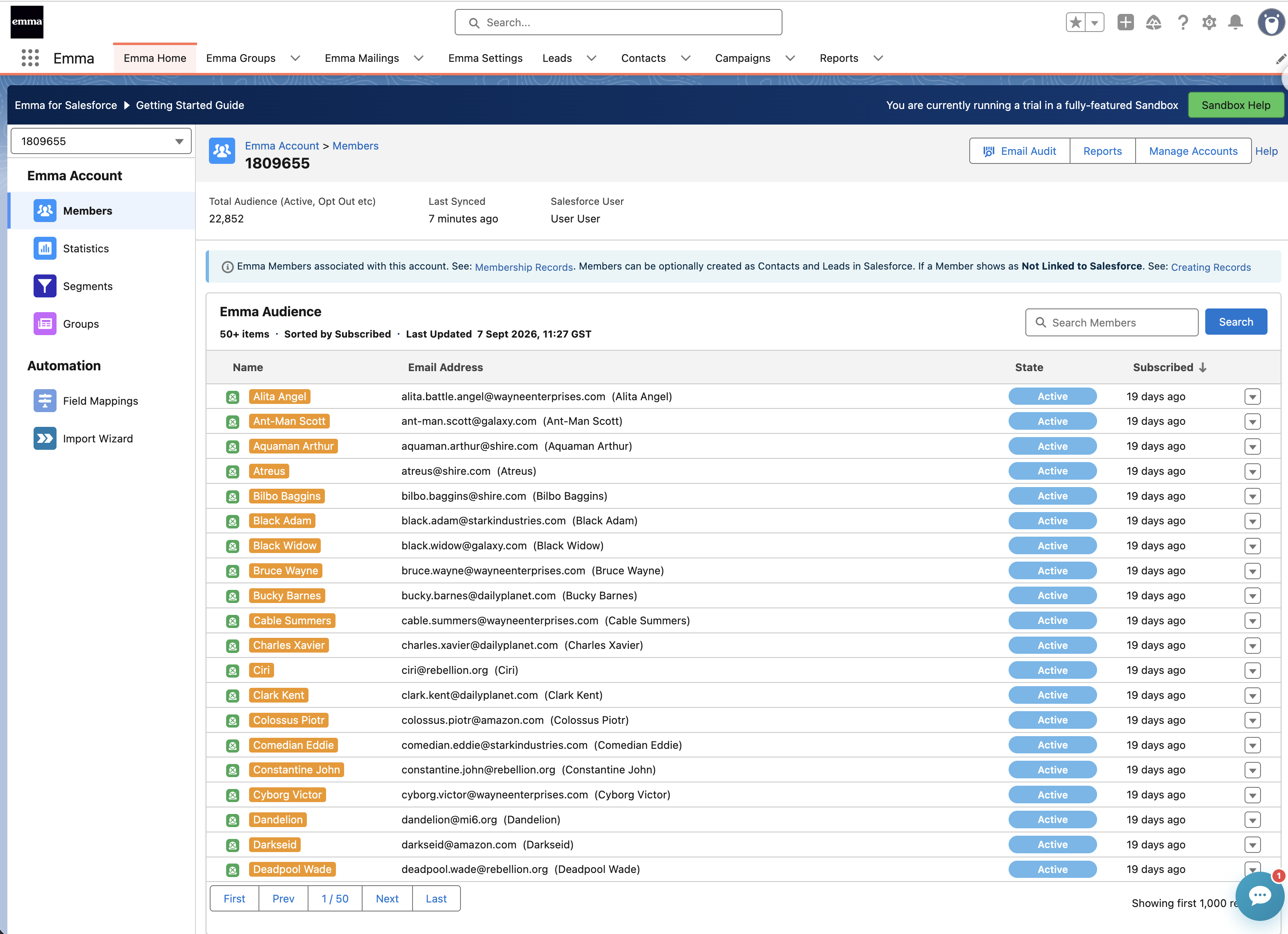 Emma audience members in Salesforce, with subscription status and member search