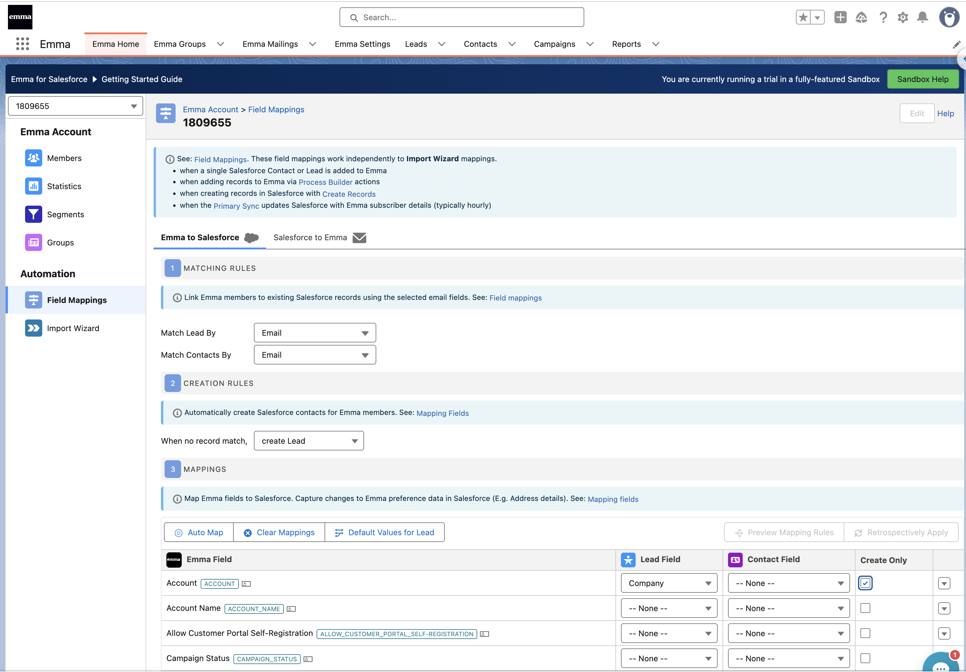 Emma field mappings in Salesforce, showing matching rules, record creation rules and lead and contact field mappings