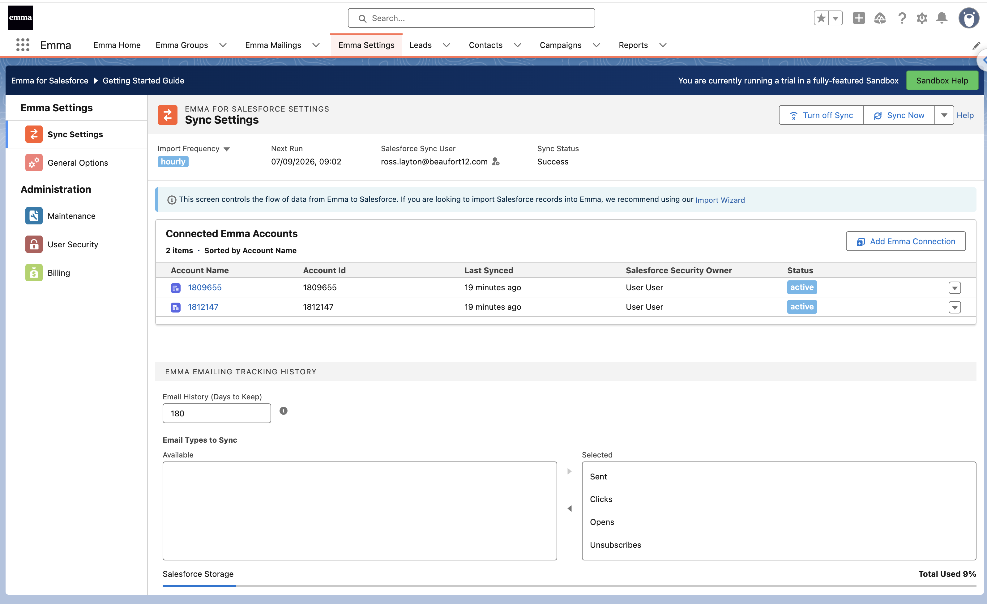 Emma sync settings in Salesforce, showing connected accounts, sync status and mailing history options