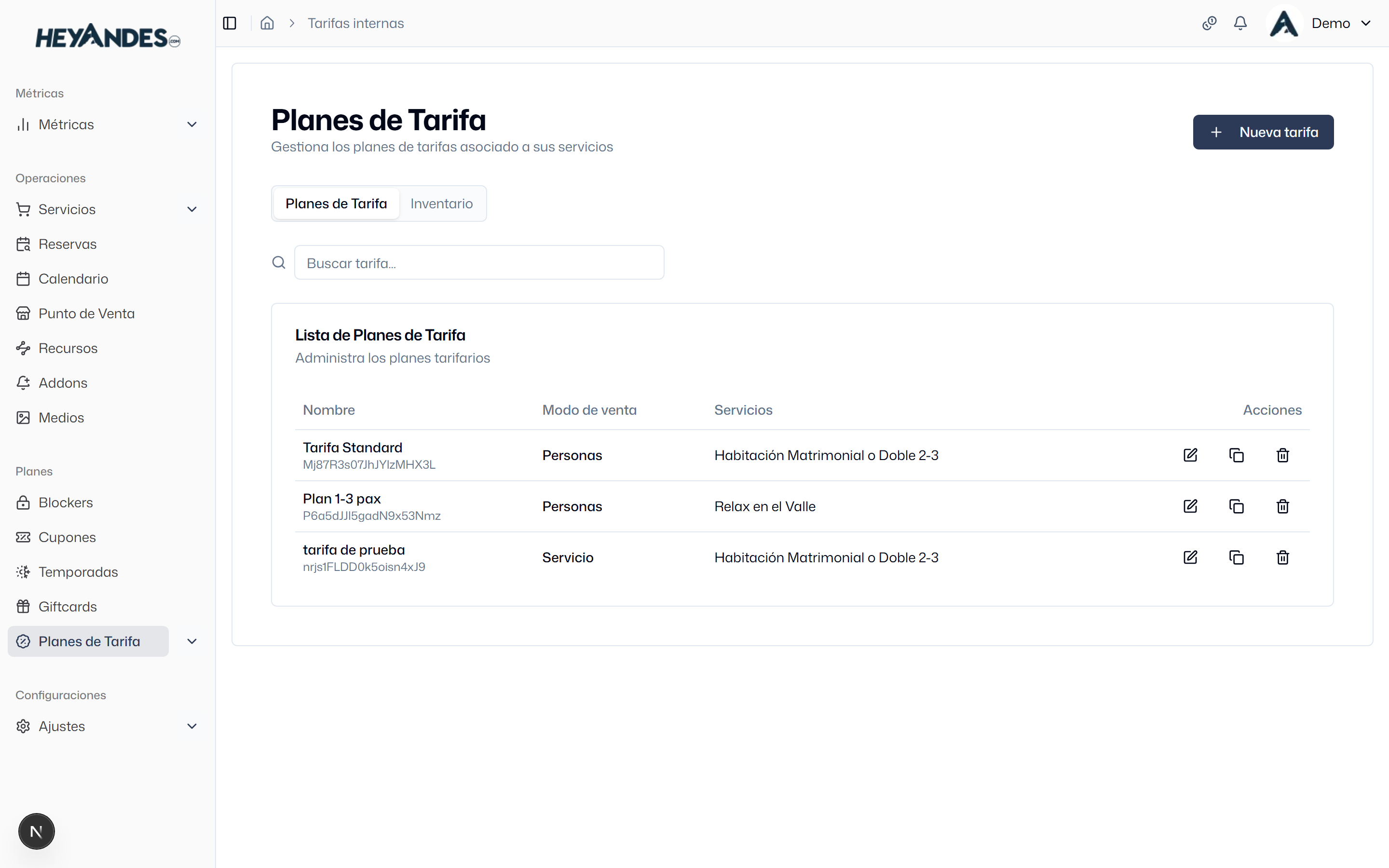 Planes de tarifa · precio por temporada y por OTA
