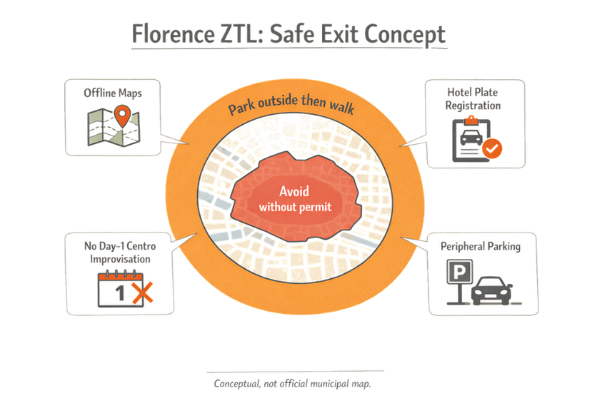 Florence ZTL safe exit concept map for rental car drivers