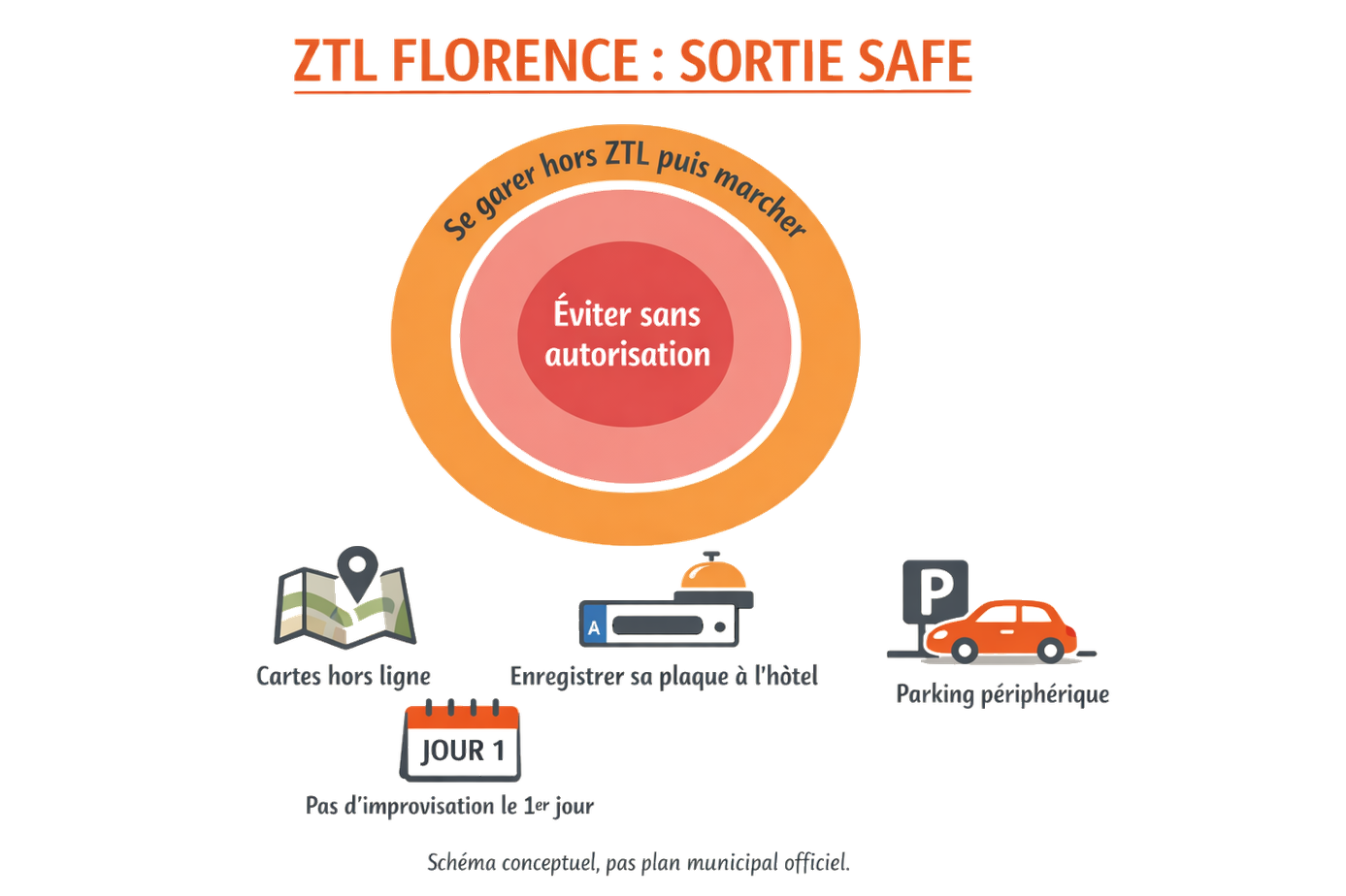 Schéma conceptuel ZTL Florence : sortie safe pour location de voiture