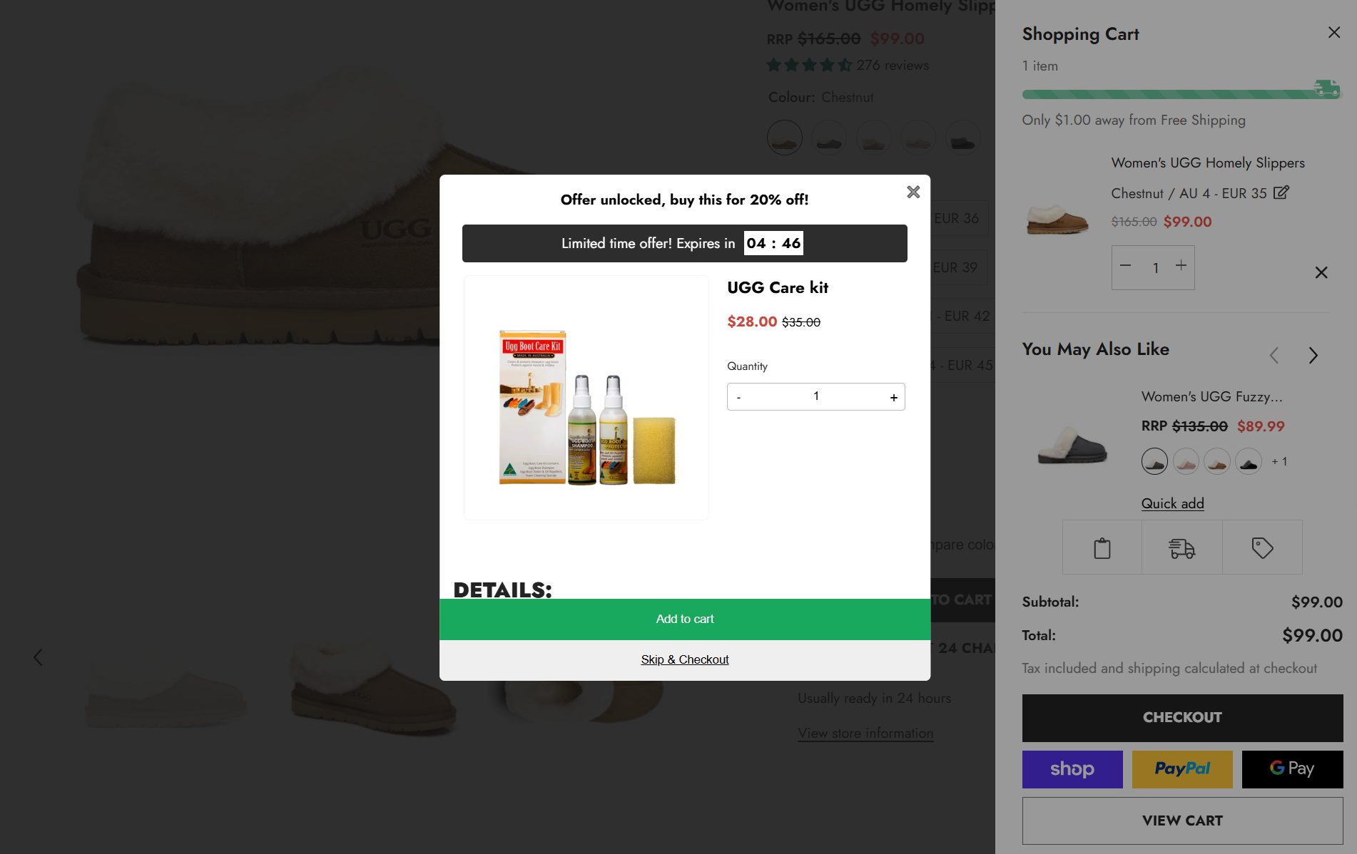 Care kit pop-up with countdown timer over the cart drawer