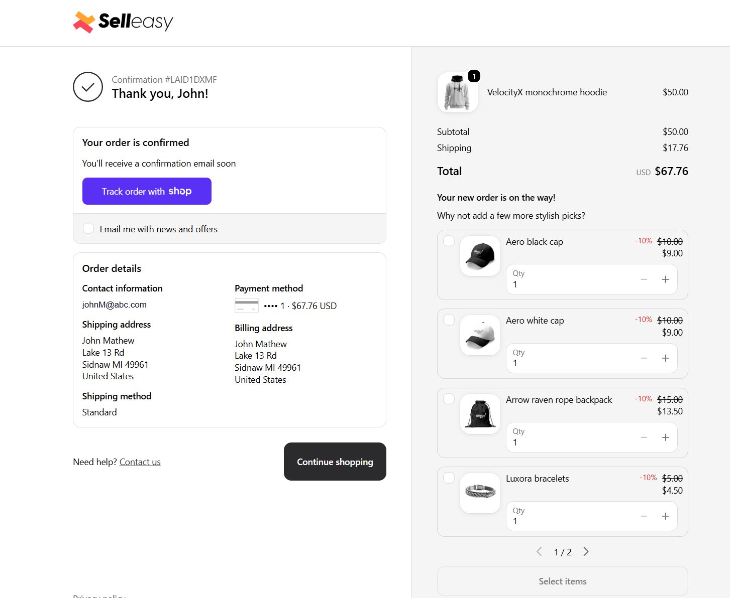 Example Selleasy thank-you page with add-on offers