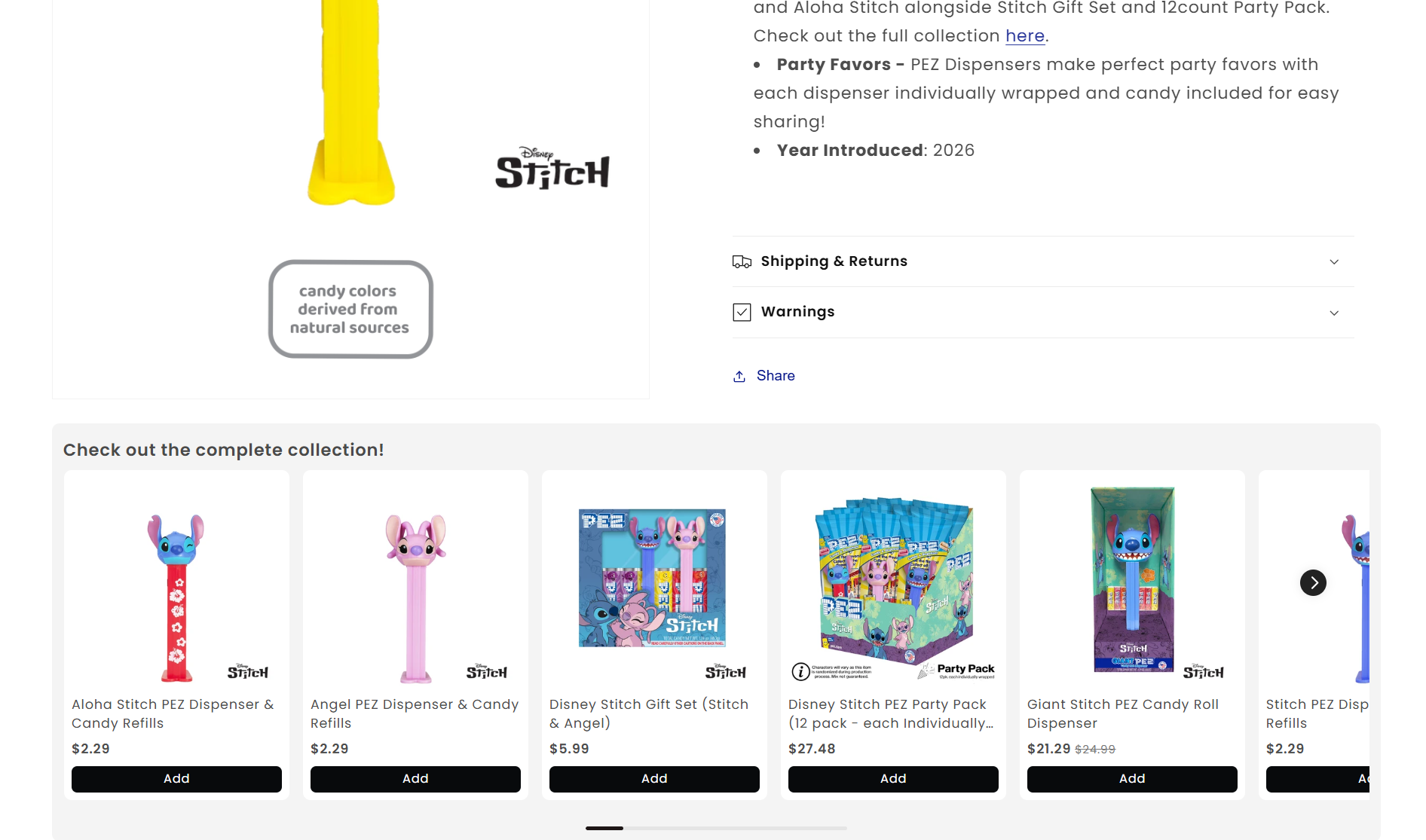 Disney Stitch dispenser page with Check out the complete collection carousel