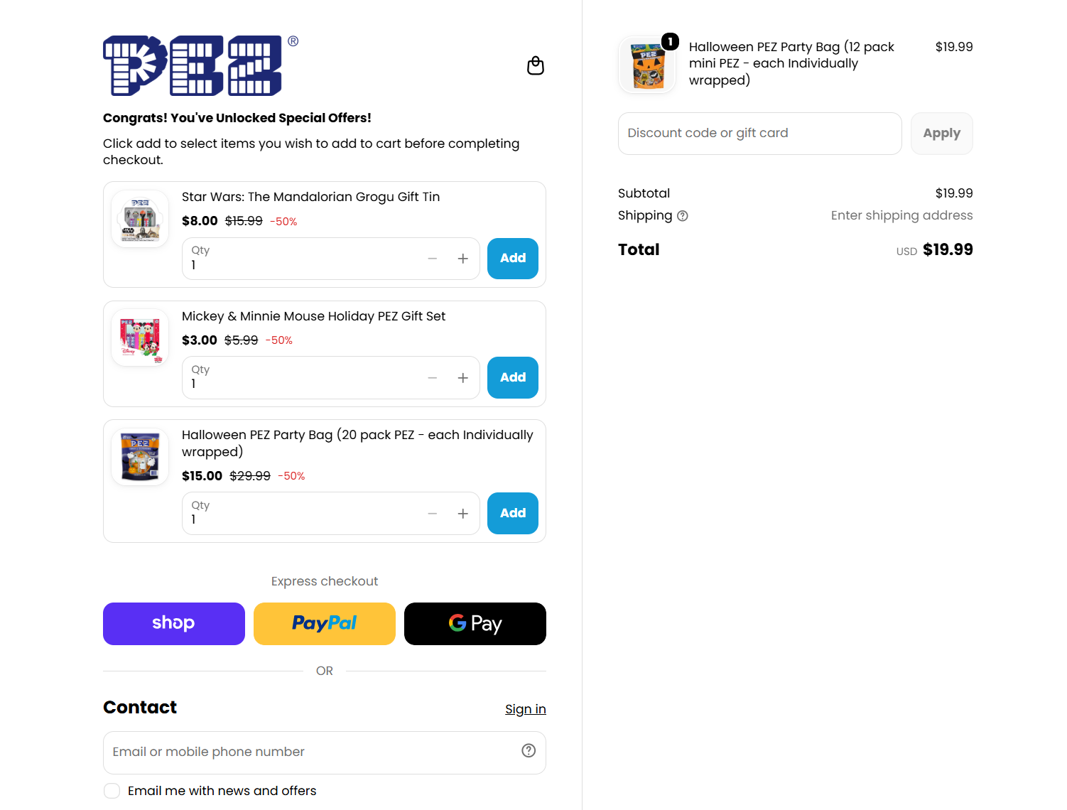 Checkout page with unlocked gift set and party bag offers