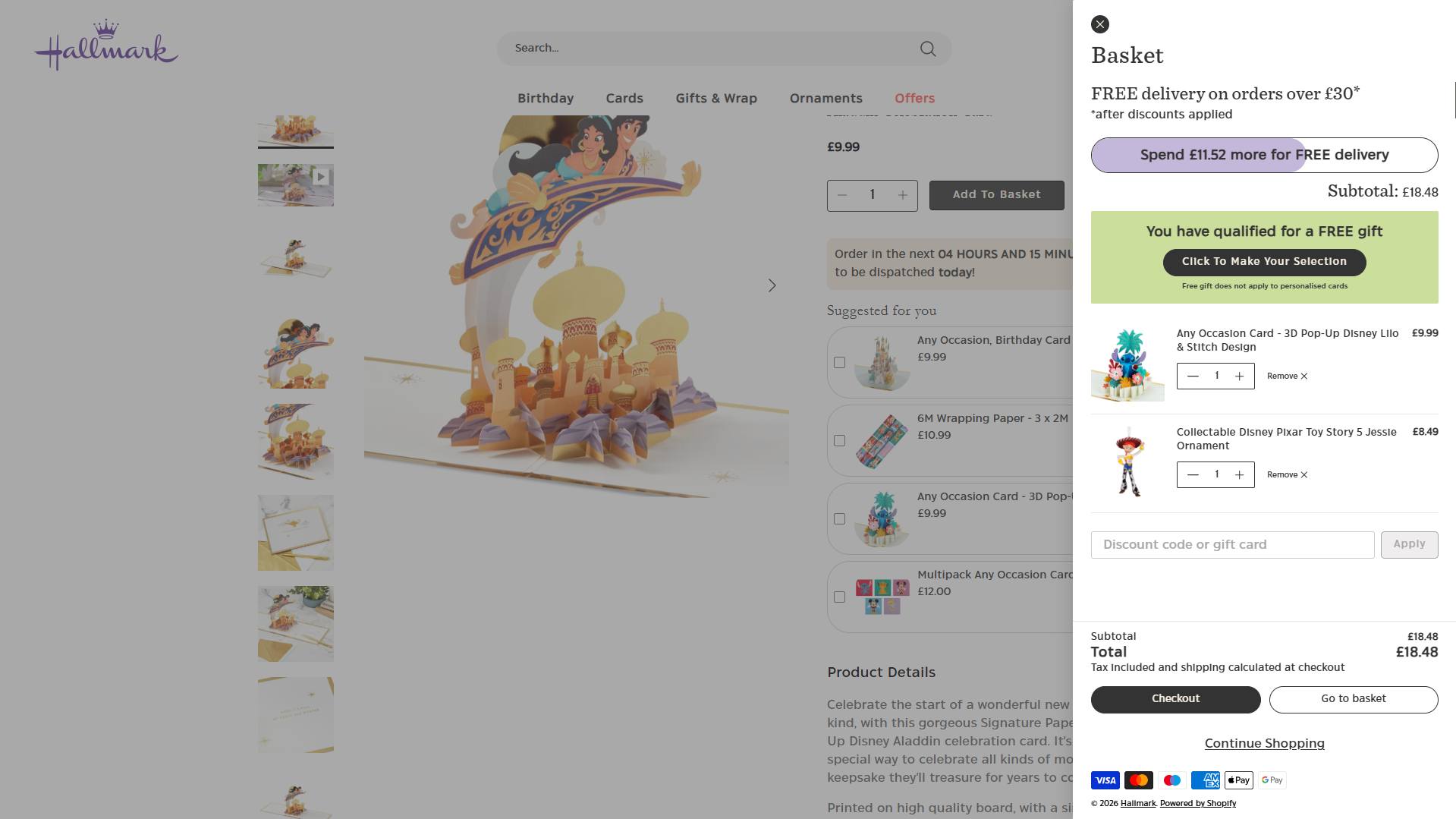 Basket drawer showing free delivery progress and free gift