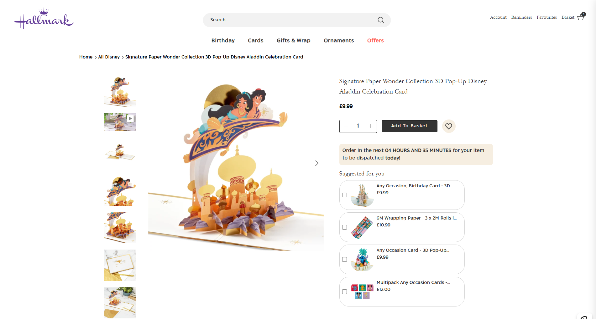 Disney Aladdin card product page with Disney add-ons