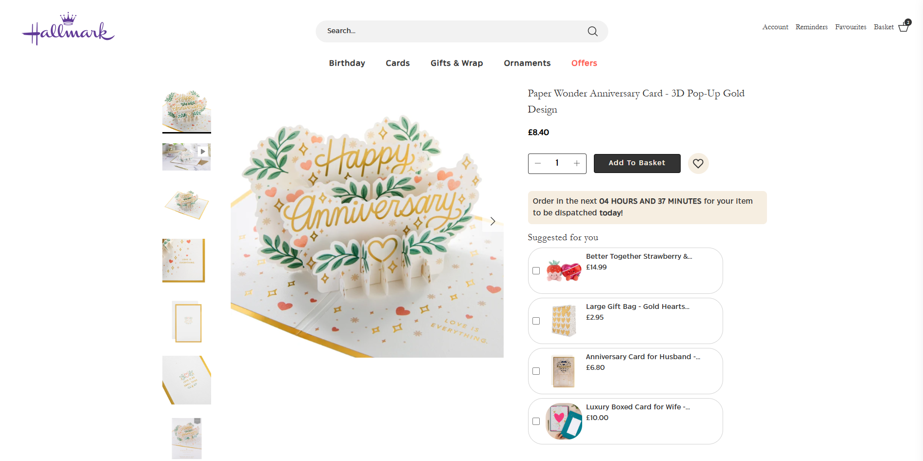 Anniversary card product page with countdown timer and Suggested for you add-ons