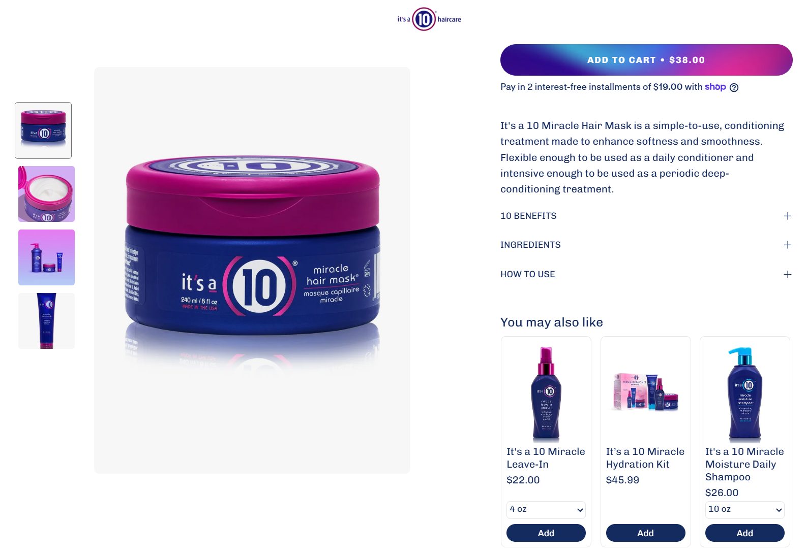 Miracle Hair Mask product page with You may also like add-ons and size selectors