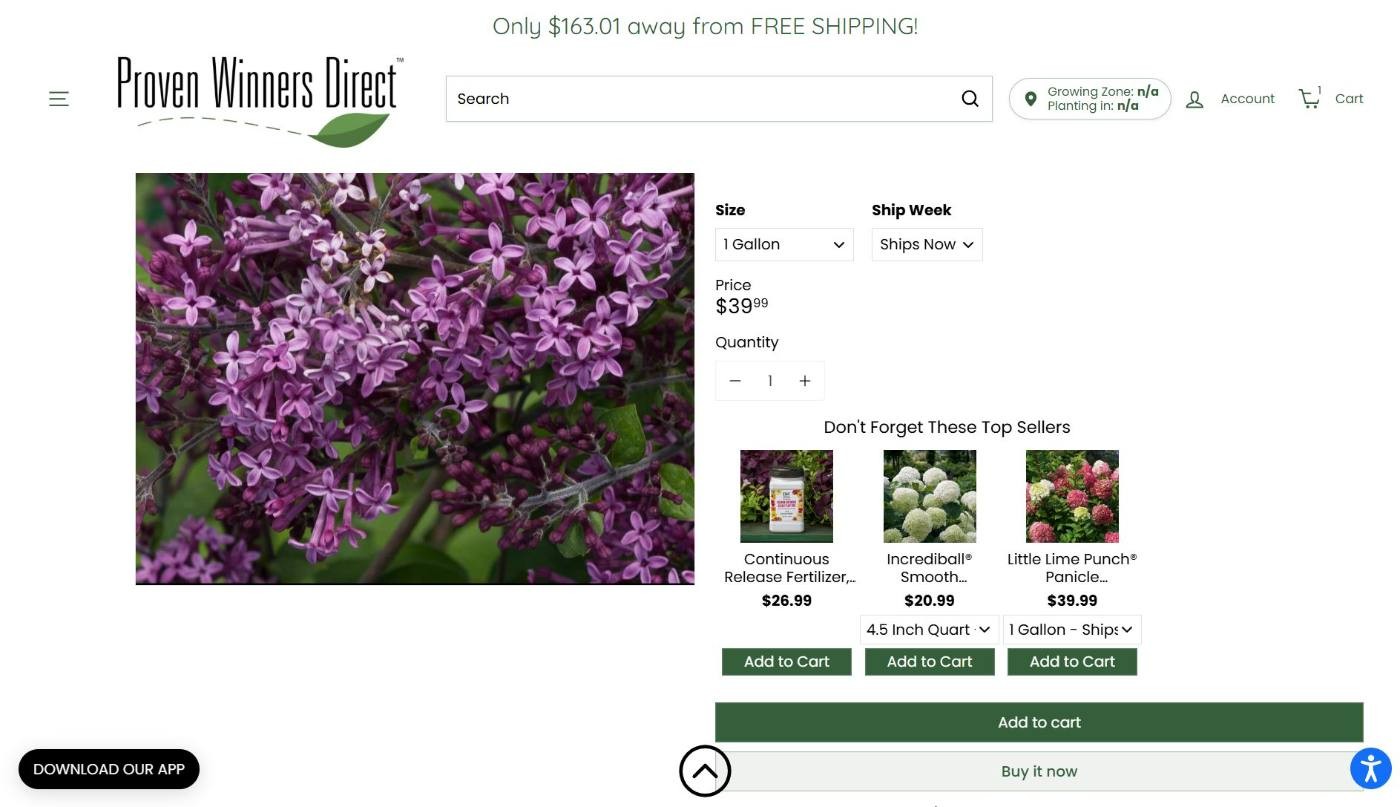 Lilac product page with Don't Forget These Top Sellers add-ons