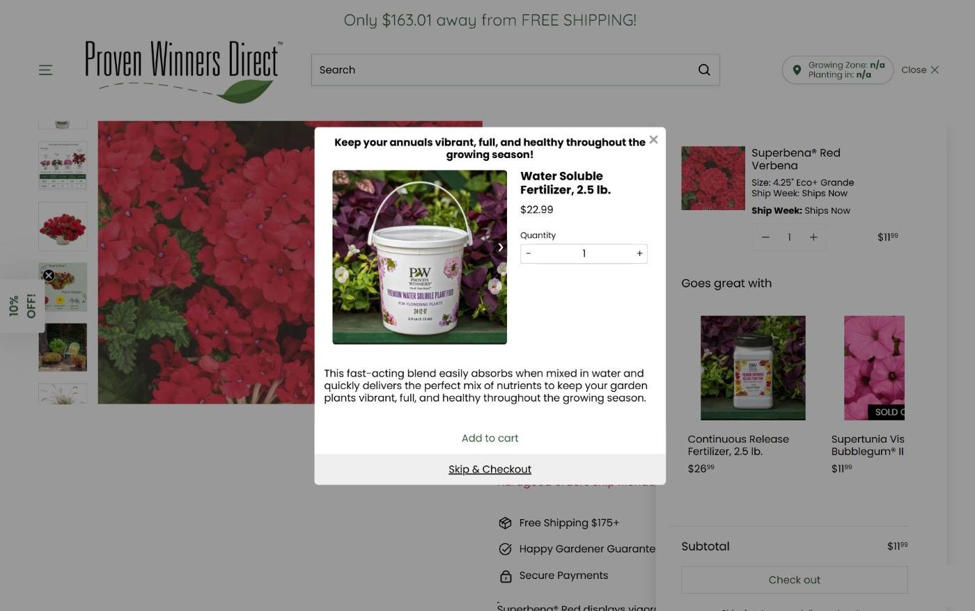 Water Soluble Fertilizer pop-up after adding Superbena Red Verbena to cart