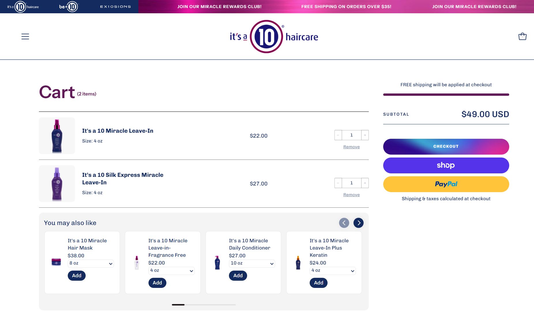 Cart with two items and You may also like carousel